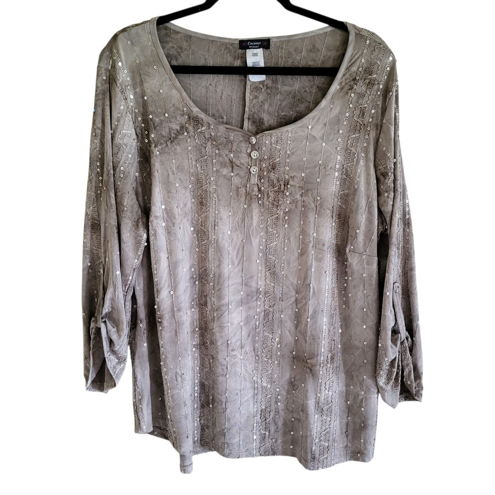 Cocomo Woman Top Women's 1X Beige Sequins Stretchy Roll Tab Sleeve‎ Embroidered